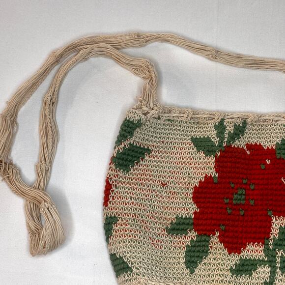 Antique 1920s Macrame Crochet Drawstring Purse Orange Flower Crossbody Tassels - Picture 16 of 16